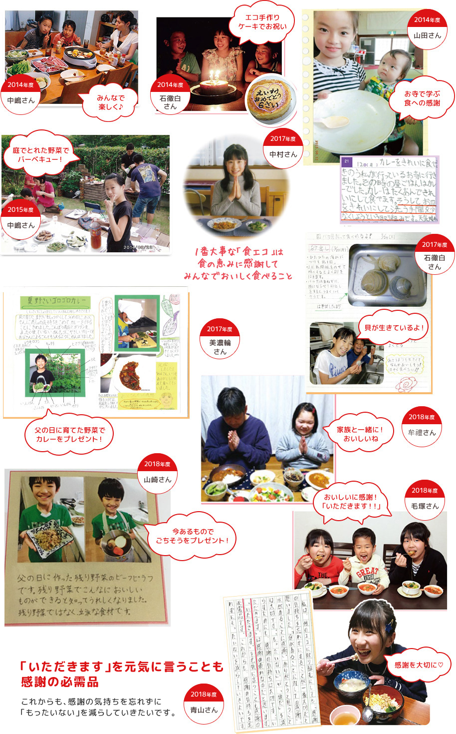 2014年度 中嶋さん 2014年度 石徹白さん 2014年度 山田さん 2015年度 中嶋さん 2017年度 中村さん 2017年度 石徹白さん 2017年度 美濃輪さん 2018年度 山崎さん 2018年度 牟禮さん 2018年度 毛塚さん 「いただきます」を元気に言うことも感謝の必需品 これからも、感謝の気持ちを忘れずに「もったいない」を減らしていきたいです。 青山凛さん