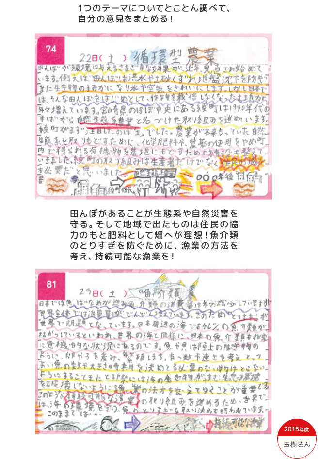 2015年度 玉樹さん 田んぼがあることが生態系や自然災害を守る。そして地域で出たものは住民の協力のもと肥料として畑へが理想! 魚介類のとりすぎを防ぐために、漁業の方法を考え、持続可能な漁業を!